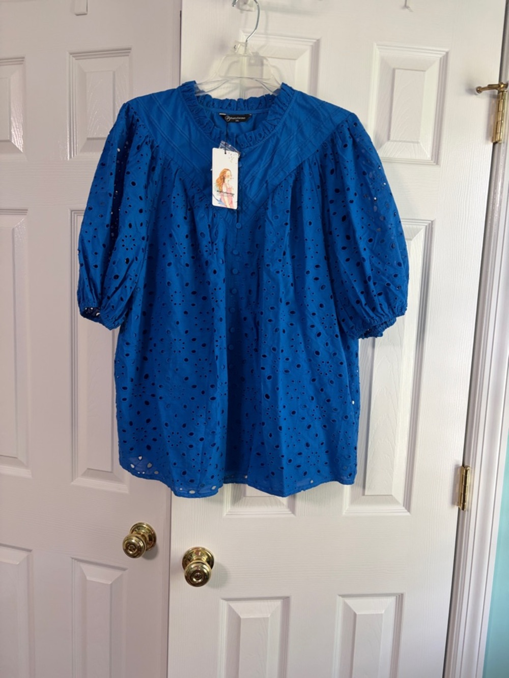 Eyelet Puff-Sleeve Blouse in Royal Blue